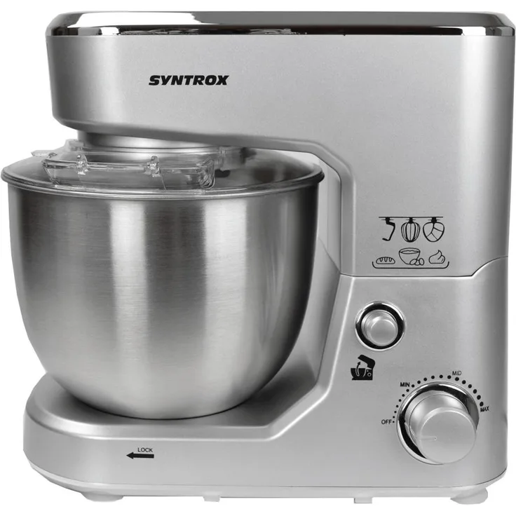 Syntrox Germany KM-1000W Küchenmaschine Knetmaschine Mixer, Edelstahl-Behälter, 5 Liter, silber
