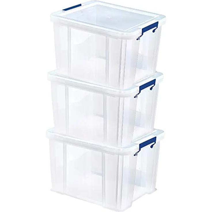 3 Bankers Box ProStore Aufbewahrungsbox aus Kunststoff mit Deckel, 36 l, superstarke stapelbare Kunststoff-Aufbewahrungsboxen (31,5 x 47,5 x 38 cm), transparent