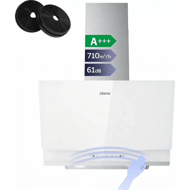 CIARRA CBCW6736A Kopffreihaube 60 cm, Dunstabzugshaube A+++ mit 710 m³/h, Gestensteuerung, Touch Control, Umluft & Abluft, LED-Beleuchtung