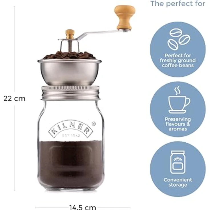 KILNER 0025.785, Manuelle Kaffeemühle aus hochwertigem Edelstahl mit 0,5 Liter Glasbehälter, Transparent, verstellbarem Mühlenmechanismus – Bild 3