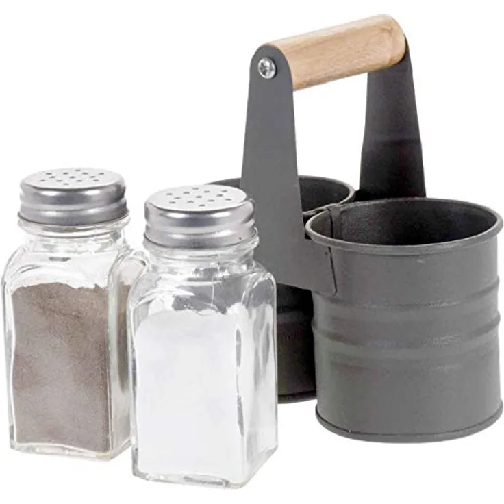 Koopman Salz- und Pfefferstreuer Set mit Halterung, 3-teiliges Menage mit Glasstreuern und rustikaler Metall-Halterung, grau