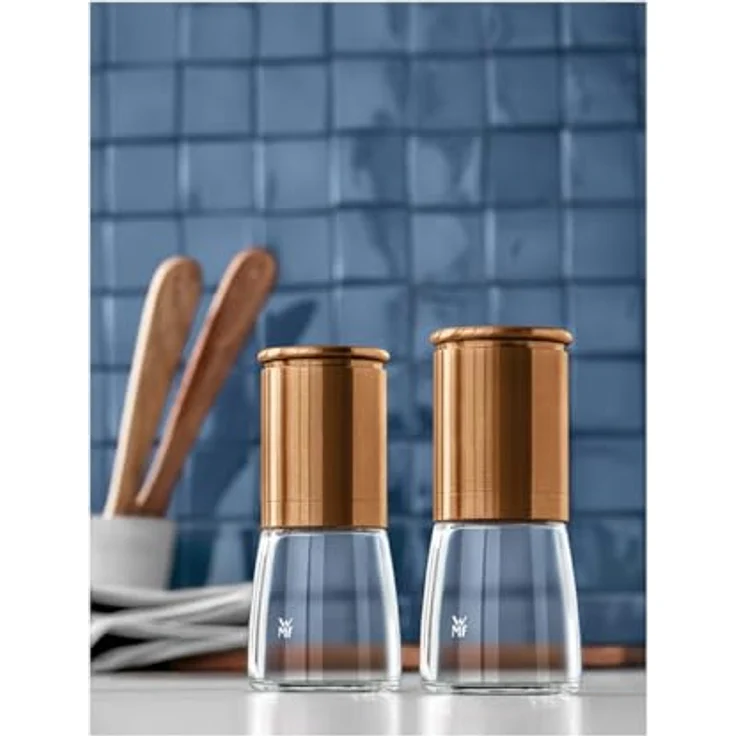 WMF De Luxe Salz und Pfeffermühle Set 2-teilig, unbefüllt, 14 cm, Cromargan Edelstahl, Glasbehälter, Keramikmahlwerk, Mühle für Salz, Pfeffer, Chillischoten – Bild 3
