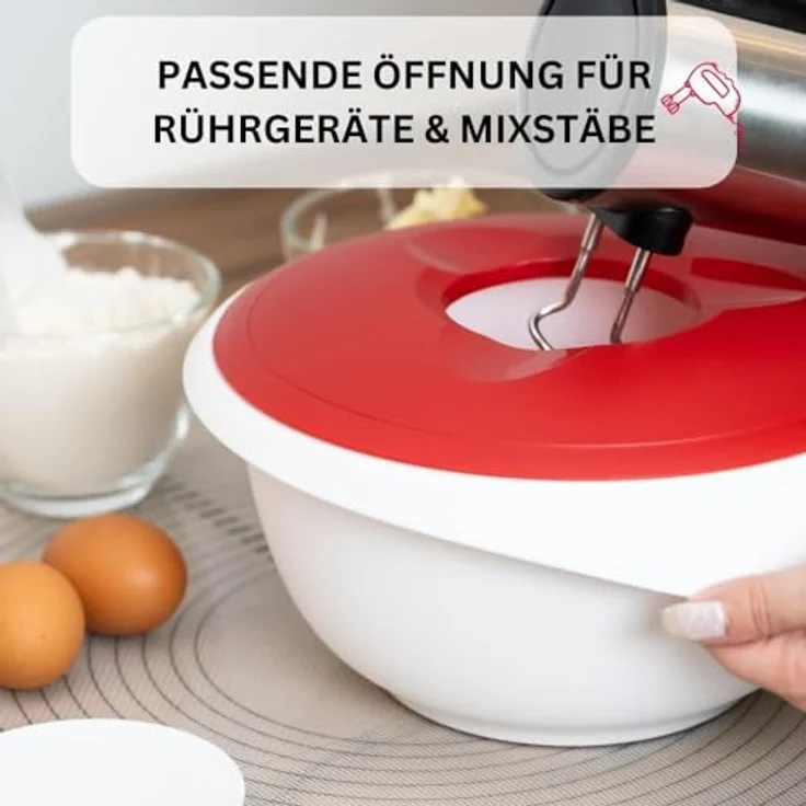 Westmark Rühr--Backschüssel mit Spritzschutz, Deckel und Ausgießer, Kunststoff, Füllvolumen: 2,5 Liter, Weiß-Rot, 3153227R – Bild 3