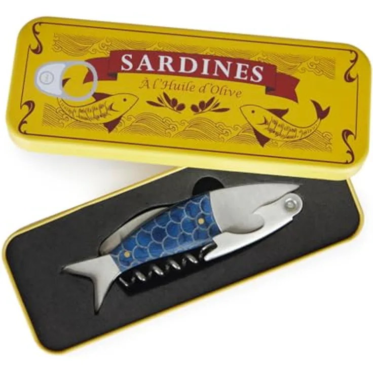 Balvi Korkenzieher Sardines Blau, Flaschenöffner in Metallschachtel aus Blech