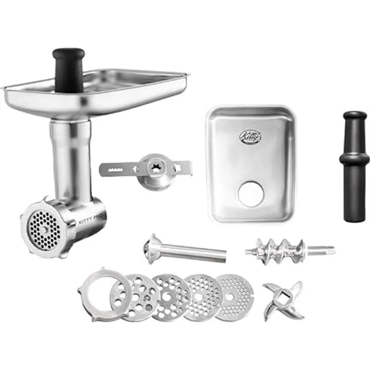 Kitty Professional Fleischwolf SCHREDDER PRO 2.0, Edelstahl-Fleischwolf mit 4 Lochscheiben, Wurstfüllhorn und Spritzgebäckvorsatz, kompatibel mit KitchenAid