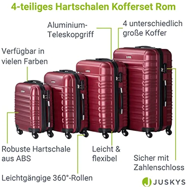 Juskys Hartschale Kofferset Reisekoffer 4 teilig - Zahlenschloss, geräuscharme 360° Rollen groß, Teleskopgriff, leicht - Koffer in Rot – Bild 3