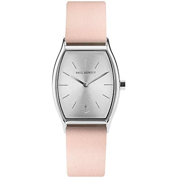PAUL HEWITT Armbanduhr Damen Modern Edge Line Silver Sunray - Damen Uhr (Gold), Damenuhr mit Lederarmband (Nude), silbernes Ziffernblatt