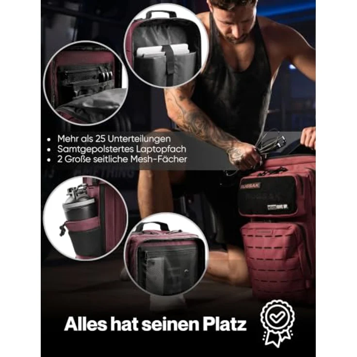 RUGSAK Alpha 45L Rucksack Merlot Red – Wasserabweisend, 18-Zoll Laptopfach, Ergonomisch, Reise, Alltag & Outdoor – Bild 5
