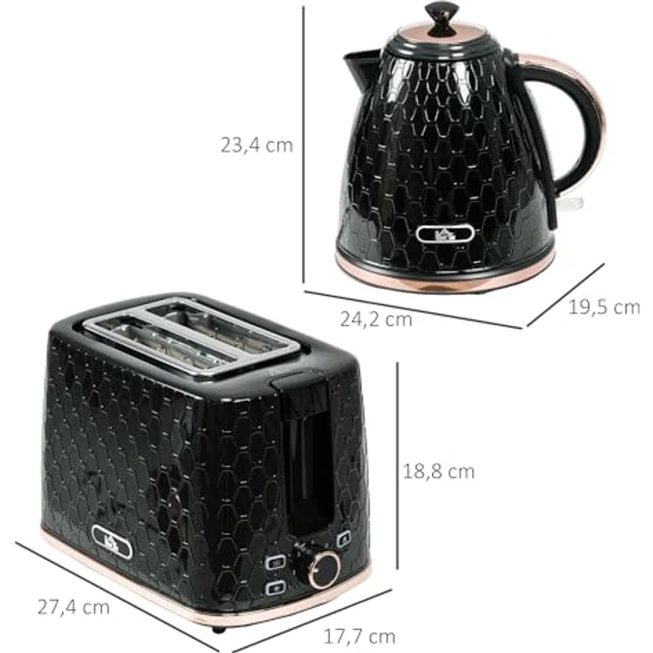 HOMCOM Toaster-Set mit Wasserkocher, 1,7L und sieben Bräunungsstufen, Schwarz – Bild 7