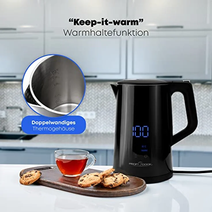 Proficook PC-WKS 1243 BK Wasserkocher, 1,7 L, 2200W, Sensor-Touch-Bedienung, mit Temperaturwahl, Display, Warmhaltefunktion, schwarz – Bild 3
