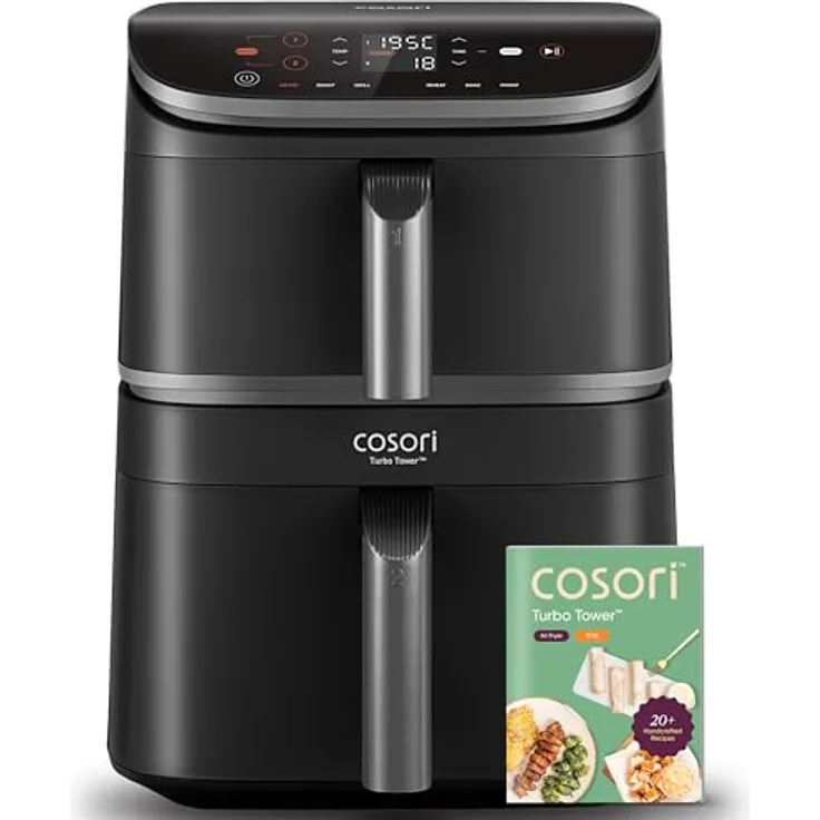Cosori Heißluftfritteuse Turbo Tower CAF-DC121, 10,8L, 2630W, 2 DC-Motoren, 7 Funktionen, platzsparendes Design