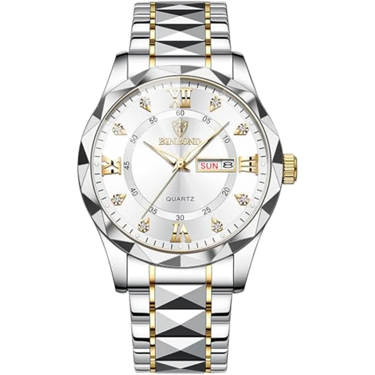 JewelryWe Herrenuhr Edelstahl Analog Quarz, leuchtend, 30m wasserdicht, Kalender, Gold/Silber Edelstahlarmband, römische Ziffern, Diamantskala – Bild 1