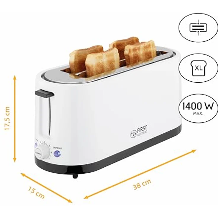 TZS First Austria - Toaster 4 Scheiben Langschlitz 1400W mit Krümelschublade | Brötchenaufsatz | wärmeisoliertes Gehäuse, Temperatureinstellung, Edelstahlgehäuse, Auftaufunktion, Brotzentrierung – Bild 2