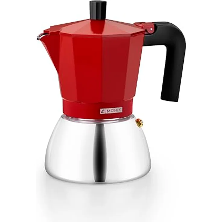 Bra Espressokocher BRA INOX RED 9T, italienische Kaffeemaschine aus Edelstahl mit 470 ml Kapazität für 9 Tassen, induktionsgeeignet, rot