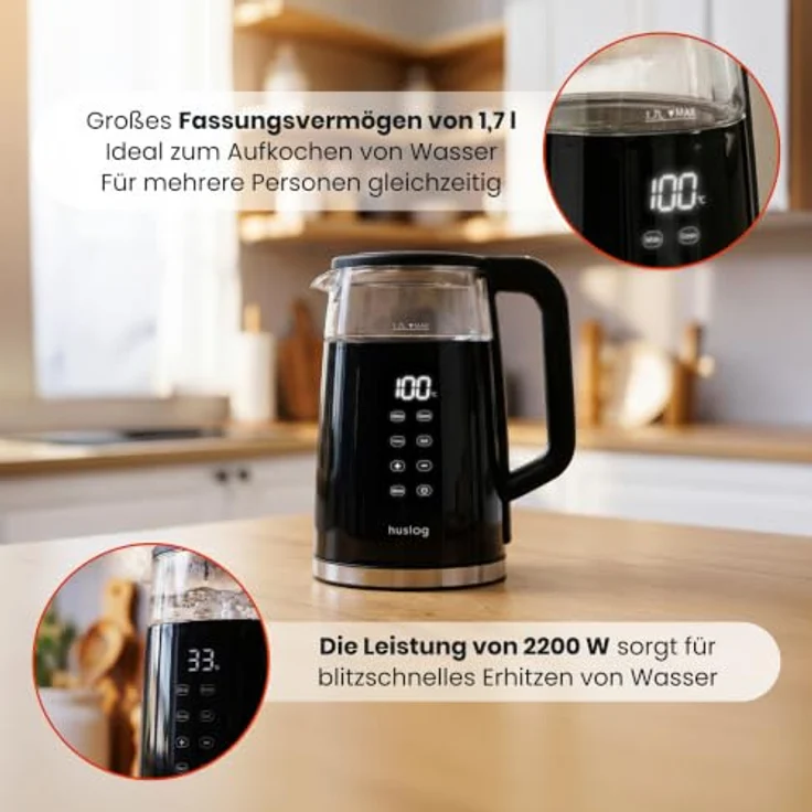 Huslog Elektrischer Wasserkocher 1,7L mit Temperaturanzeige, 2200W Touchpanel aus Glas – Bild 2