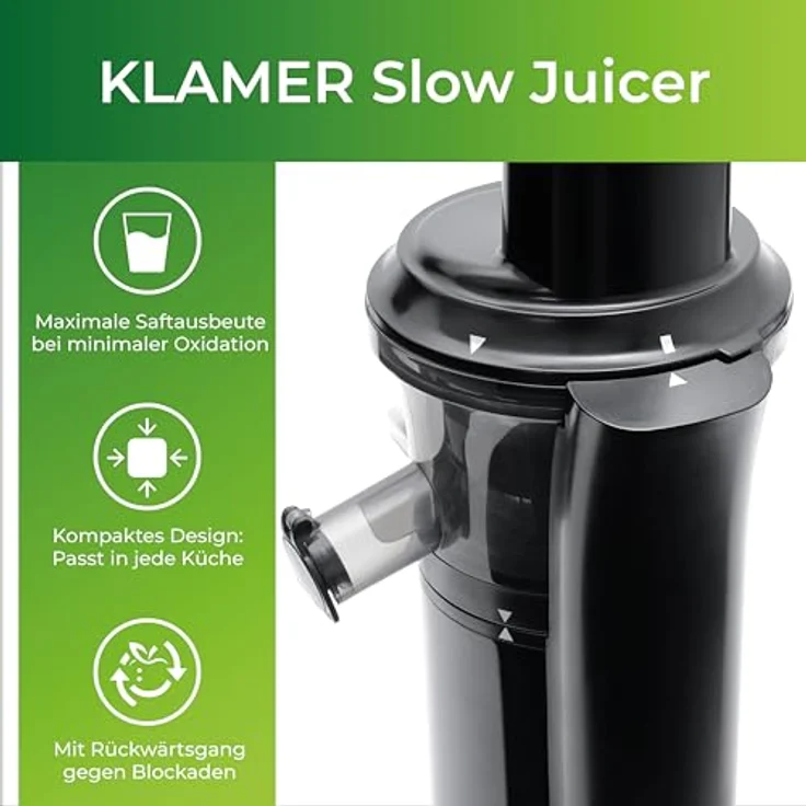 KLAMER Slow Juicer 150 Gemüse und Obst, Entsafter mit Rückwärtsgang, elektrische Fruchtpresse mit Bürste und 2 Behältern, schlankes Design, schwarz – Bild 2