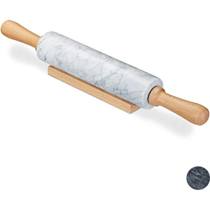 Relaxdays Nudelholz Marmor, Griffe aus Holz, Teigroller zum Kochen & Backen, mit Ablage, 48 cm, schwere Backrolle, weiß – Bild 1
