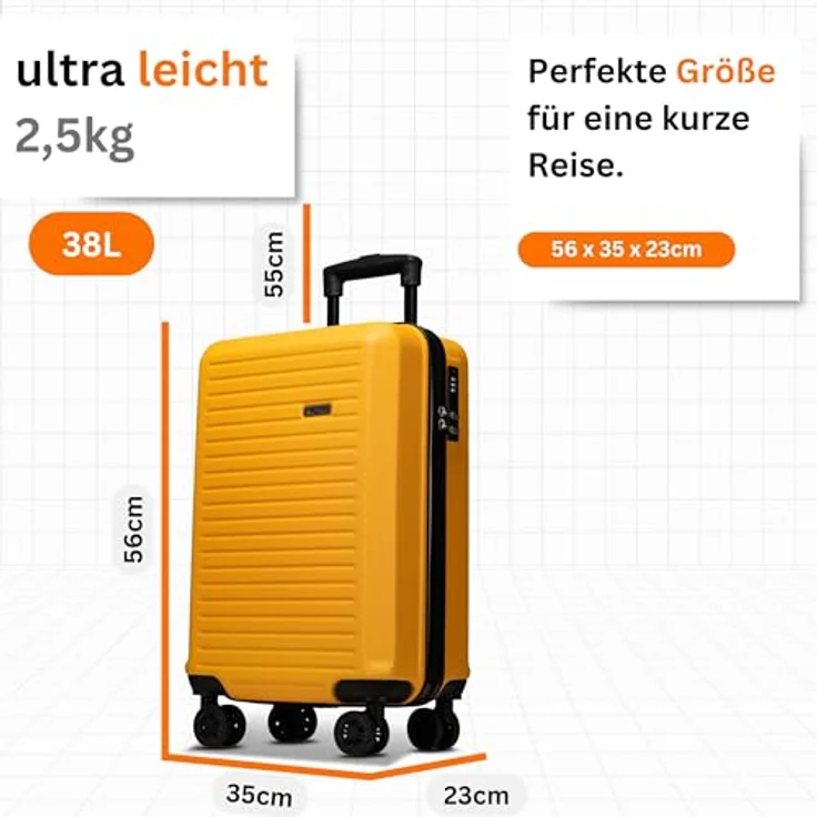 NOWI Handgepäck Koffer M 38L – Hartschalen-Trolley mit Zahlenschloss und 4 Doppelrollen, gelb – Bild 3