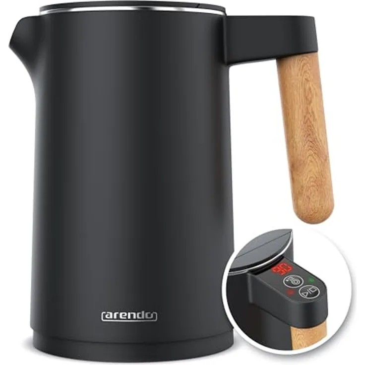 Arendo Wasserkocher Edelstahl mit Temperatureinstellung 45°C-100°C, 1.5 Liter, Doppelwand, BPA-frei, Warmhaltefunktion, Teekocher mit Temperaturanzeige, Griff Cool Touch, Schwarz