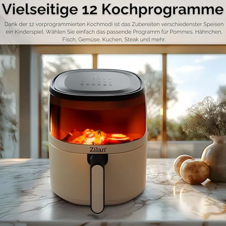 Zilan Heißluftfritteuse 5L, 1500 Watt mit digitaler Touchsteuerung und 12 Kochprogrammen, Fettfreies Frittieren ohne Öl – Bild 2
