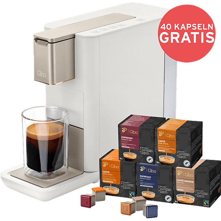 TCHIBO Qbo ICONIC Kapselmaschine, PressBrew Technologie, 40 Kapseln, weiß mit Chromanteilen in Light Gold