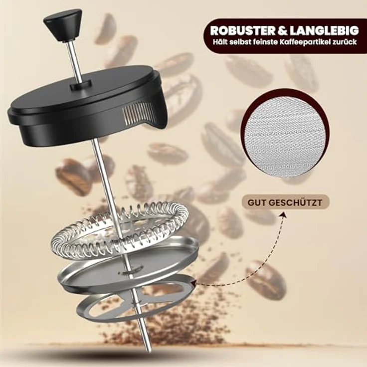 KICHLY Französische Presse, Kaffeemaschine aus Borosilikatglas mit Stahlkolben, 600 ml, Schwarz, hitzebeständig, Dreifachfilter, für Kaffee und Tee – Bild 3