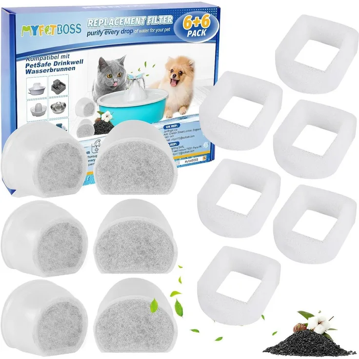 MyfatBOSS Ersatzfilter für Trinkbrunnen, 6x Schaumstoff- & 6x Aktivkohlefilter, kompatibel mit PetSafe Drinkwell