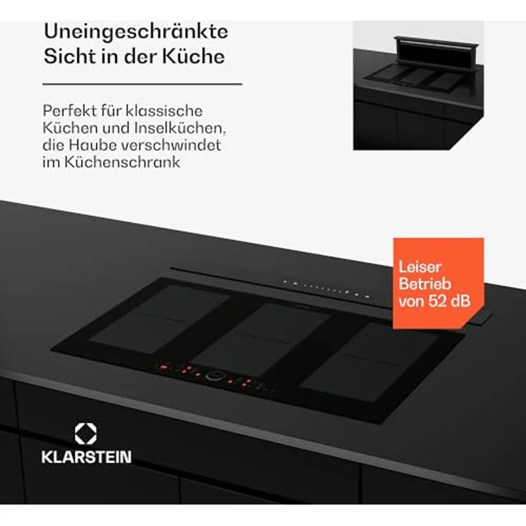 Klarstein Royal Flush Eco Downdraft Dunstabzugshaube, A++ Energieeffizienz, 842 m³/h, leise 70 dB, Touch-Bedienfeld, LED-Beleuchtung, Umluftbetrieb, Schwarz – Bild 3