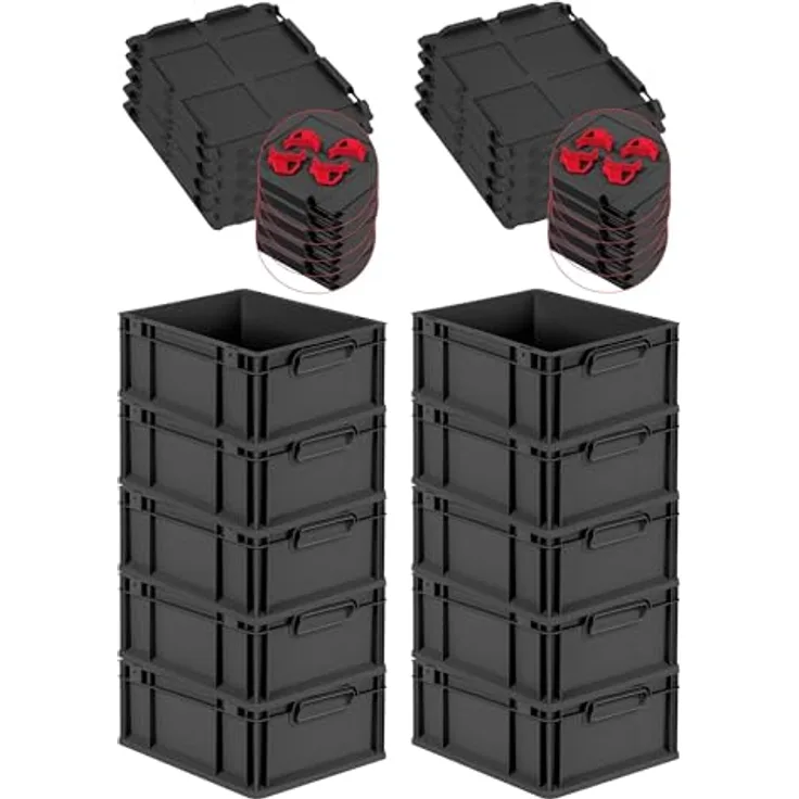PROREGAL Eurobox NextGen Grip SuperSparSet 10x mit Auflagedeckel & 4 roten Schiebeschnappverschlüssen, 16L, Schwarz, HxBxT 17x30x40cm, stabiler Transportbehälter