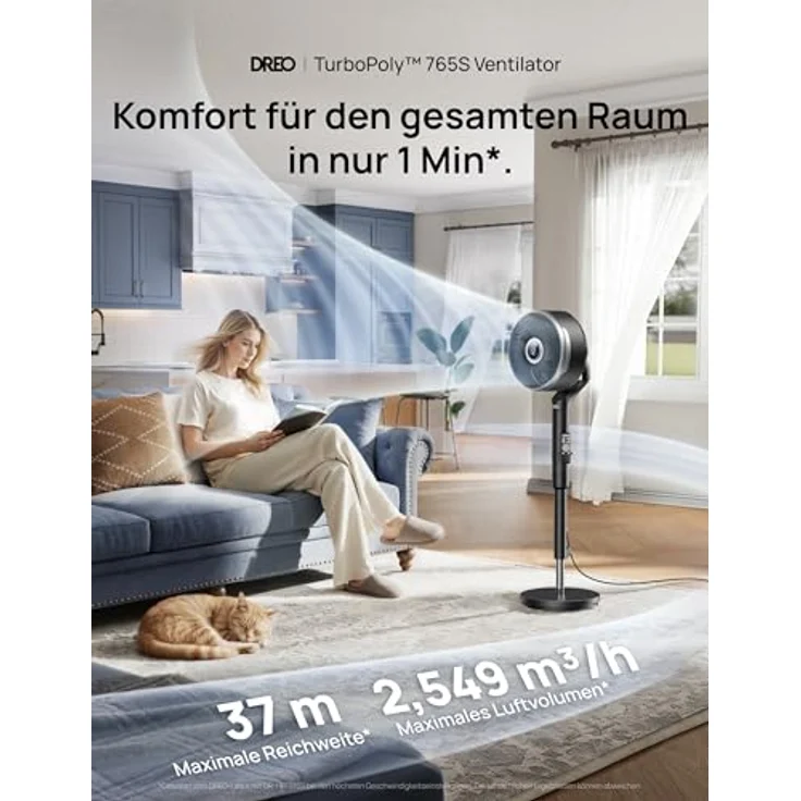 DREO Smart-Ventilator, Standventilator mit 150°+100° Oszillation, 36,6 m Reichweite, leiser DC-Motor, 12 Geschwindigkeitsstufen, 6 Modi, Fernbedienung, 12-h-Timer – Bild 2