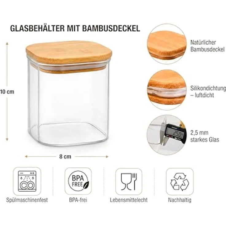 La Home by Chris Vorratsdosen, Glas mit Bambusdeckel, luftdicht, 6 x 500ml, Borosilikatglas 2,5 mm, spülmaschinenfest, ideal für Mehl, Reis, Kaffee und Pasta: Tests, Infos & Preisvergleich