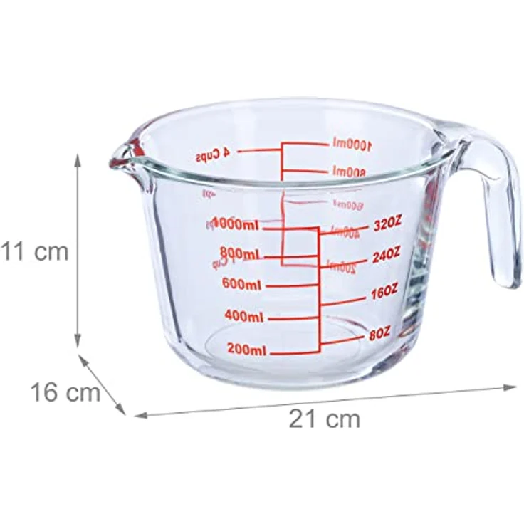 relaxdays Messbecher Messbecher Glas 1 Liter, Glas - Hitzebeständiger Maßbecher mit Milliliter-Skalierung, oz und Cups – Bild 4