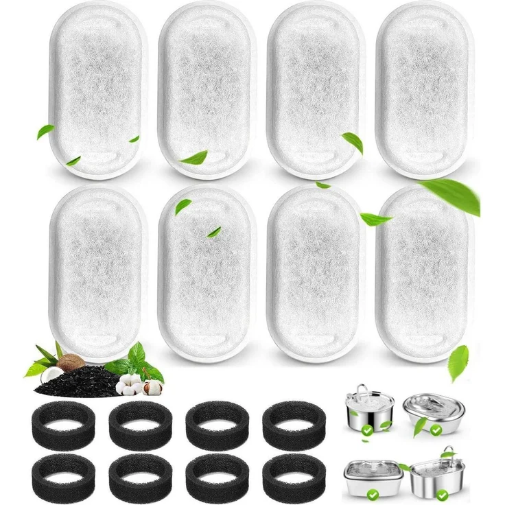 Katzenbrunnen Filter Set 16 Stück, inkl. 8 Schwämmen, für 2L/3,2L Edelstahl-Trinkspender, dreifache Filtration