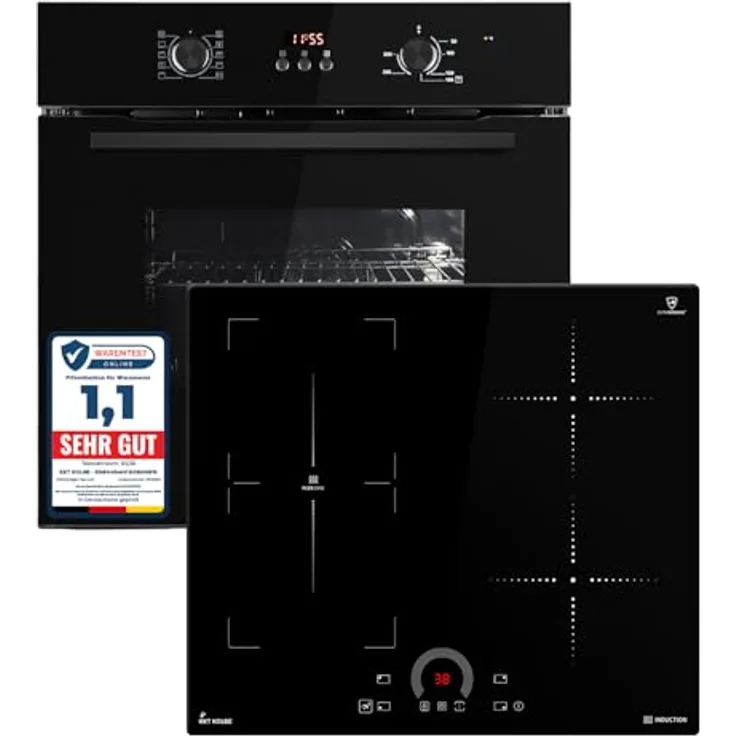 KKT KOLBE Autarkes Herdset, 60cm Einbaubackofen BO8005FB und 59cm Induktionskochfeld IH85901FZ, Full-Black-Design, Flexzone, Grill, Automatik-Timer, Wärmeschutzverglasung, Kindersicherung