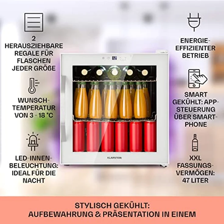 Klarstein Table Top Kühlschrank HEA-Coachella 50-wh 10045041, Bierkühlschrank mit WiFi, Balanced Light Concept, 47 Liter, Glas- und Edelstahl, 51 cm hoch, 47.5 cm breit – Bild 3
