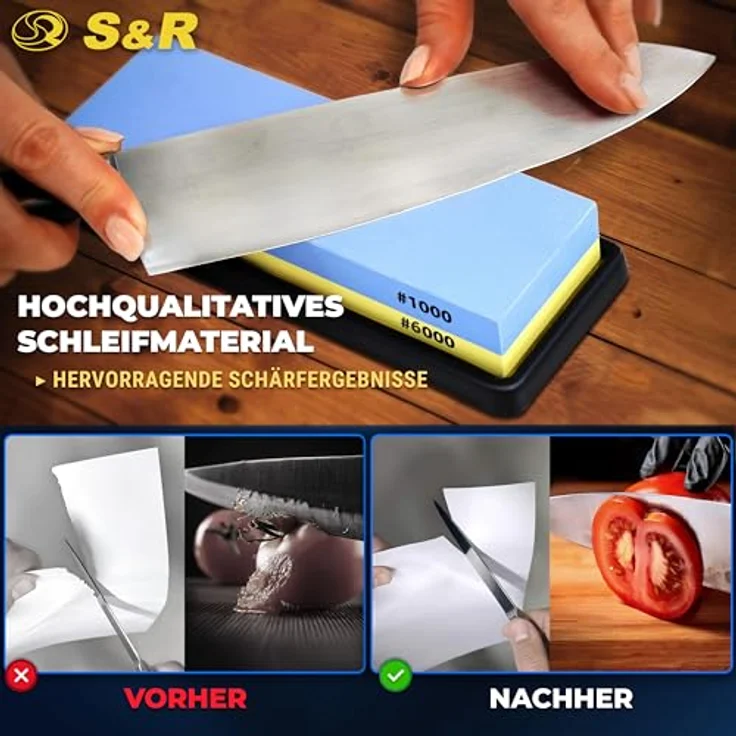 S&R Doppelseitiger Schleifstein, 18 x 6 x 3 cm, Körnung 1000/6000, inkl. Schleifhilfe und rutschfestem Silikon-Halter – Bild 4