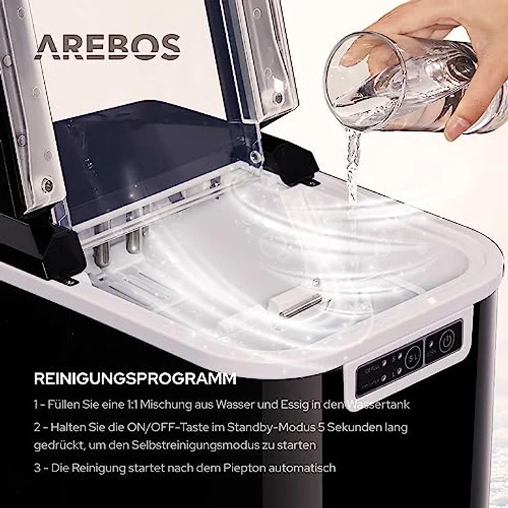 Arebos Eiswürfelmaschine | Ice Cube Maker | 12 kg / 24 h | 10-15 Minuten Produktionszeit | 2 Eiswürfel-Größen | 2,2 Liter Wassertank | Eiswürfelbereiter | Leise | Selbstreinigungsfunktion | Schwarz – Bild 4