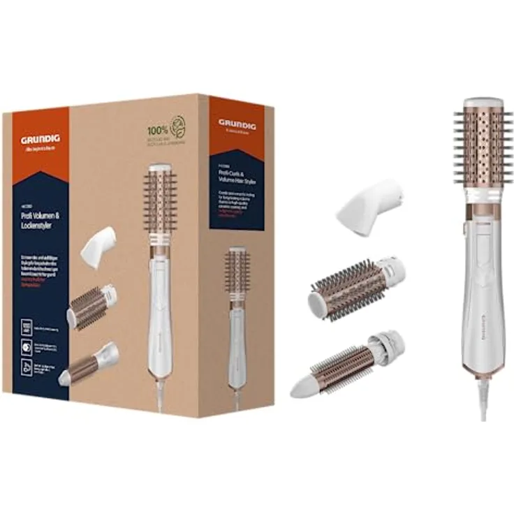GRUNDIG HS 7280 Volumen- und Lockenstyler, 1200W, Ionic-Funktion, 4 Stylingaufsätze, Hochwertige Keramikbeschichtung,2 Temperatur- und Luftstromstufen, Kaltstufe, für alle Haarlängen, Gold/Weiß