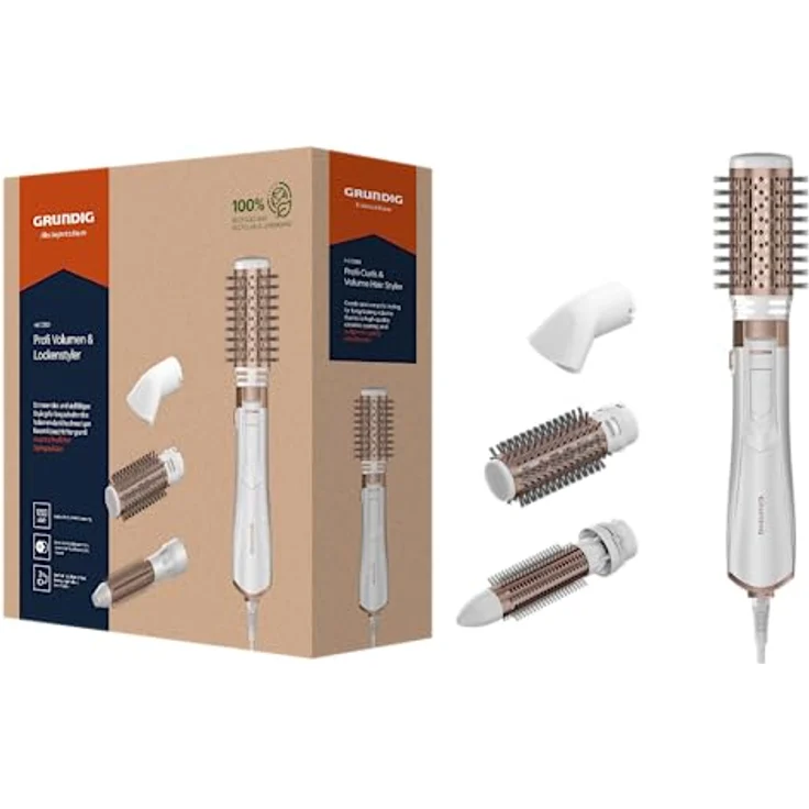 GRUNDIG HS 7280 Volumen- und Lockenstyler, 1200W, Ionic-Funktion, 4 Stylingaufsätze, Hochwertige Keramikbeschichtung,2 Temperatur- und Luftstromstufen, Kaltstufe, für alle Haarlängen, Gold/Weiß – Bild 1