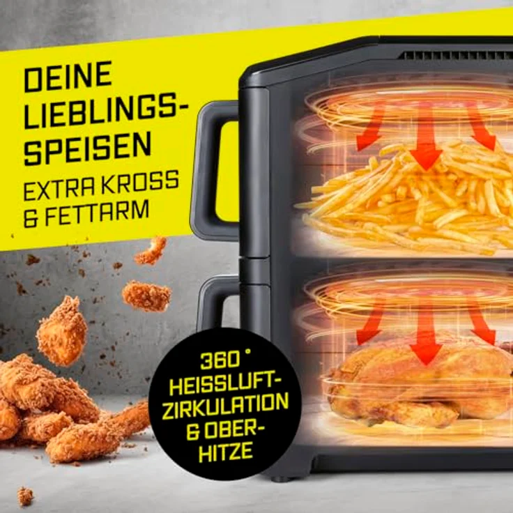 GOURMETmaxx FryUp vertikale Doppelkammer Heißluftfritteuse, 10 L mit Sichtfenster, 9,8 Zoll Multi-Colour LED-Touchdisplay, 11 Programme, Oberhitze und fettarme Zubereitung – Bild 4