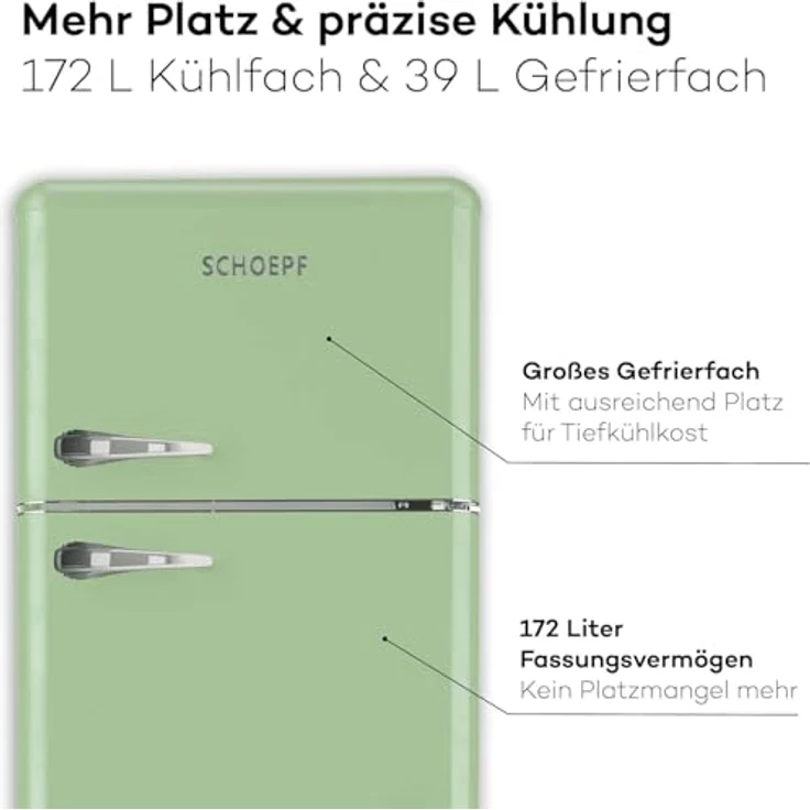 SCHOEPF Kühl-Gefrierkombination RKG218DSG, Retro Design, Mintgrün, 211 Liter, Energieeffizienzklasse D – Bild 6