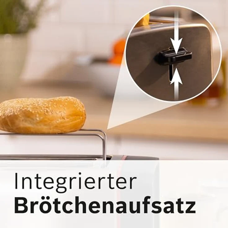 Bosch Kompakt Toaster MyMoment TAT6M420, entnehmbarer klappbarer Brötchenaufsatz, mit Auftaufunktion, Abschaltautomatik, Liftfunktion, Brotzentrierung, ideal für 2 Scheiben, 800 Watt, Edelstahl – Bild 5