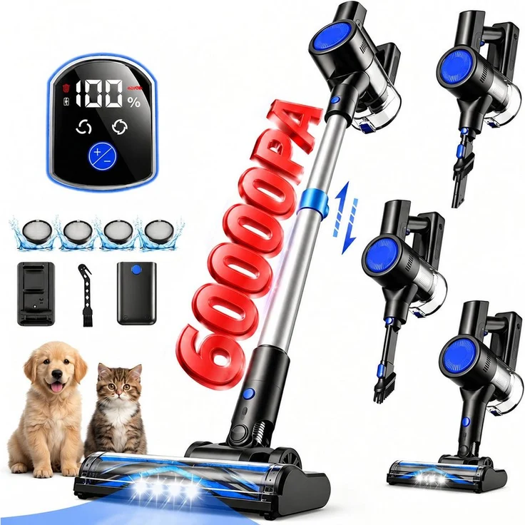Grenintol S5P Akku-Hand-und Stielstaubsauger, 60 kPa Saugkraft, beutellos, kabellos, 55 Min Akkulaufzeit, Smart LED-Display, 4*HEPA-Filter, blau