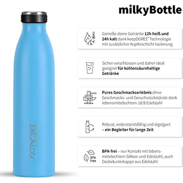 720°DGREE Trinkflasche Edelstahl Doppelwandig 750ml Isolierflasche milkyBottle sky blue matt – Bild 2