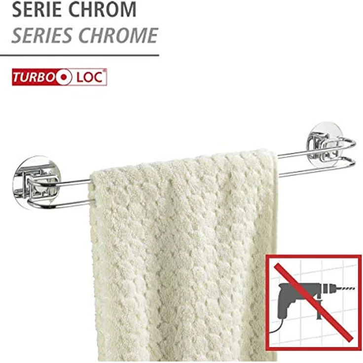 WENKO Turbo-Loc® Handtuchstange - Befestigen ohne bohren, Stahl, 46 x 6 x 5 cm, Chrom – Bild 2