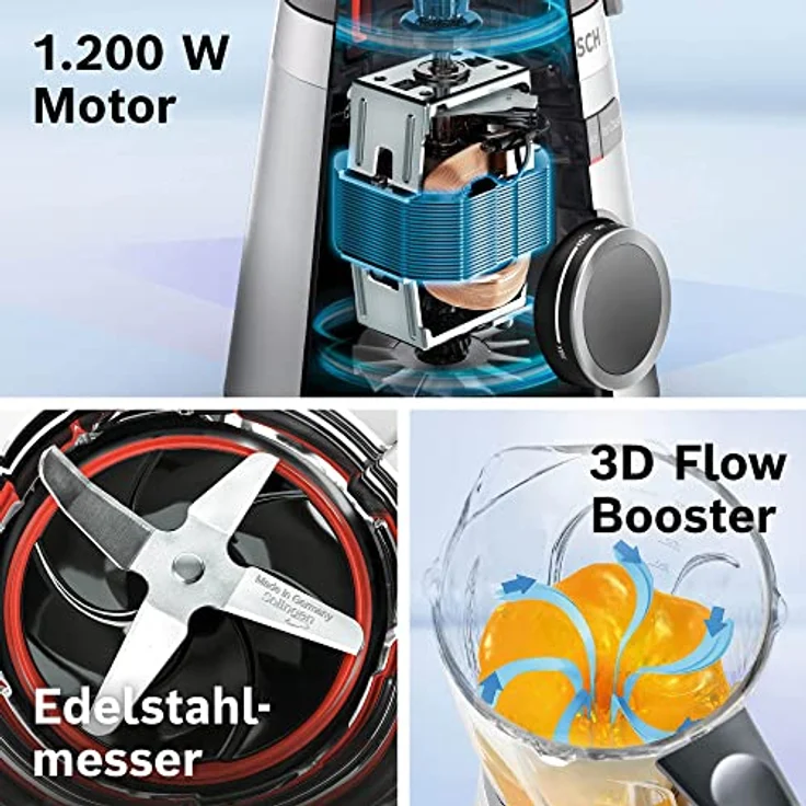 Bosch Standmixer VitaPower Serie 4 MMB6174SN, verbesserte Version, Edelstahl-Klingen Made in Germany, 1,5l Glasbehälter, 0,6l To-Go-Flasche, spülmaschinenfeste Teile, 30,000 U/min, 1200 W, silber – Bild 4