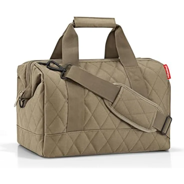 reisenthel Allrounder M Rhombus, Schultertasche aus wasserabweisendem, recyceltem Polyester mit 18 Litern Volumen, Olive/Braun, sechs Innensteckfächer, gepolsterter Schultergurt
