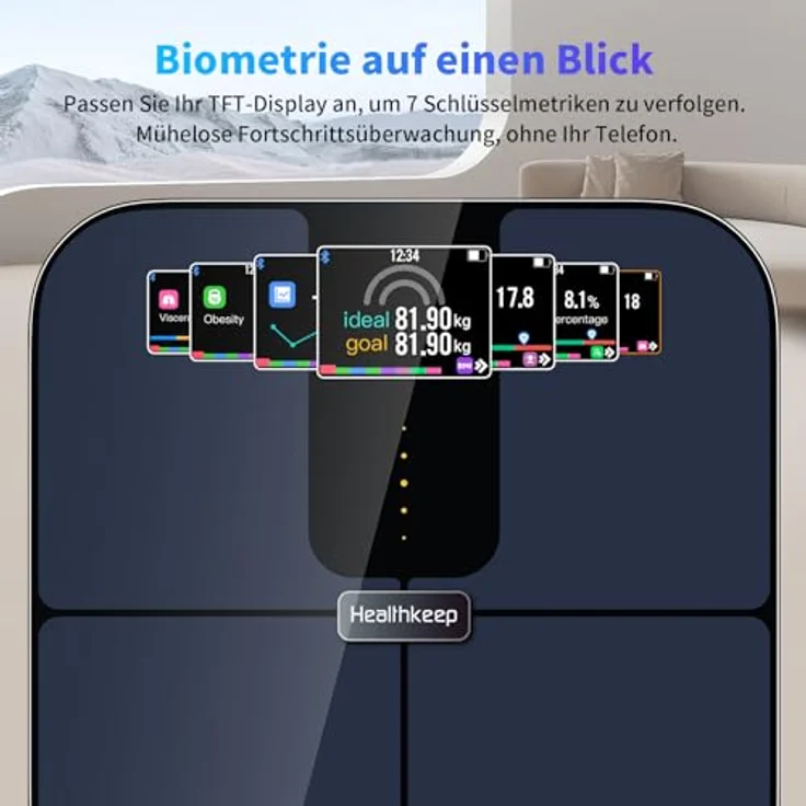 Healthkeep Personenwaage mit TFT-Farbdisplay, ITO-Technologie und Herzfrequenzmessung, App für Android und iOS, Blau – Bild 3