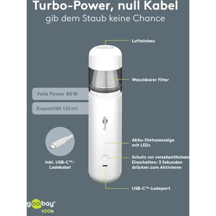 Goobay Tools Mini-Staubsauger Advanced, 6000mAh akkubetriebener Handstaubsauger, beutellos, USB-C, 80W, weiß – Bild 5