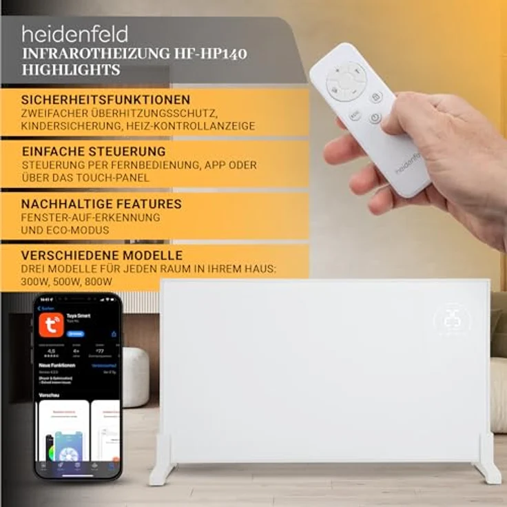 Heidenfeld Infrarotheizung HF-HP140 | 300 Watt bis 10 m² | 3in1 Steuerung via App | Mobile Elektroheizung | Infrarot Heizkörper mit Thermostat (HF-HP140 300 Watt) – Bild 2